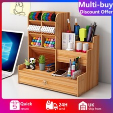 Listing image for Wooden Pen Pencil Storage Holder Office Study Desk Organizer Box Tidy Shelves UK