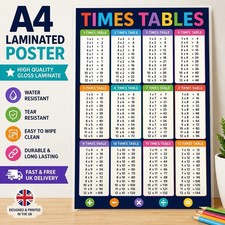 Listing image for Times Tables Multiplication Chart Poster A4 Gloss Laminated Mathematics